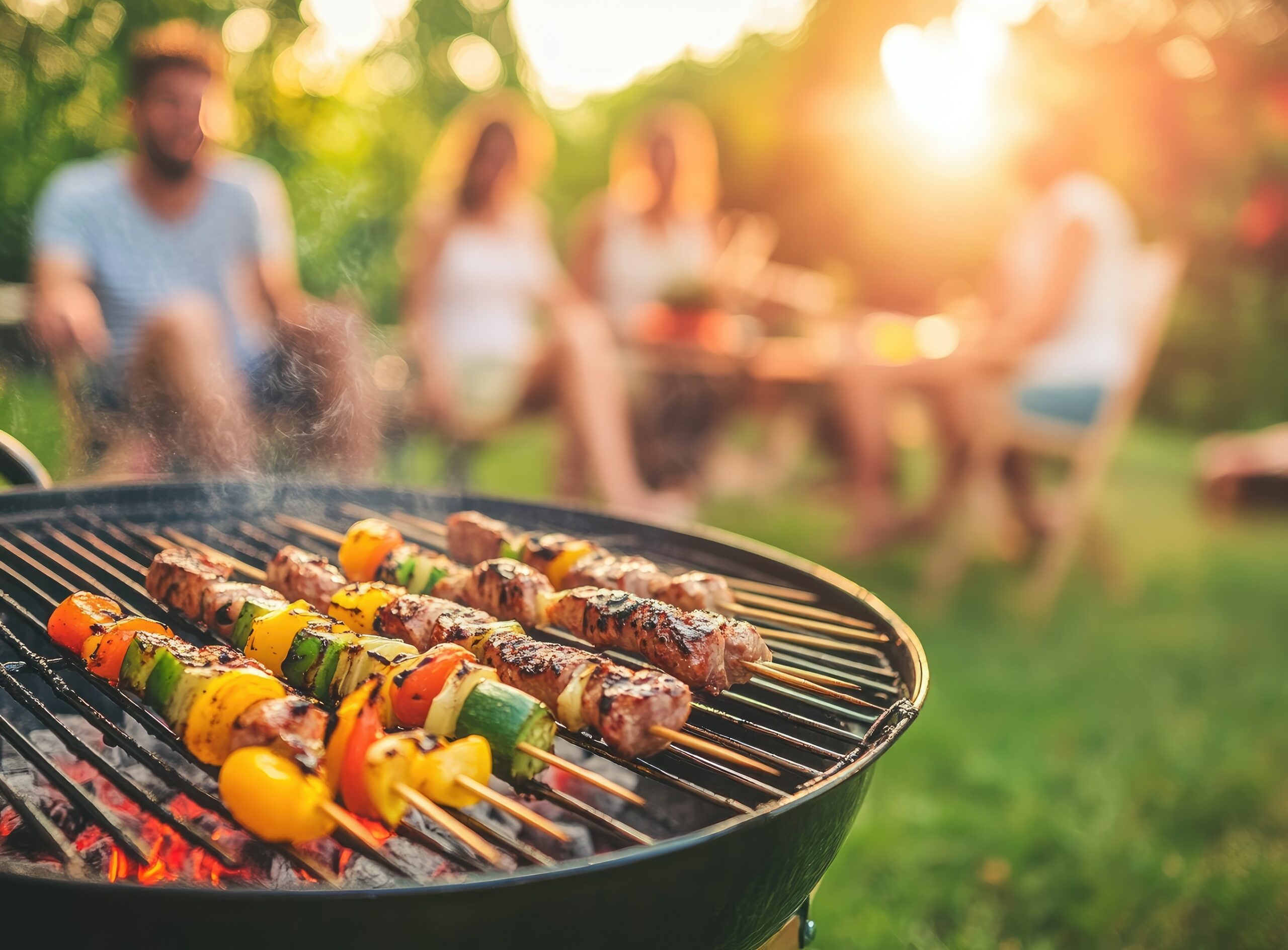 Friends gather in a vibrant backyard during sunset, enjoying a barbecue. Colorful skewers with meat and vegetables sizzle on the grill, creating a delightful atmosphere.